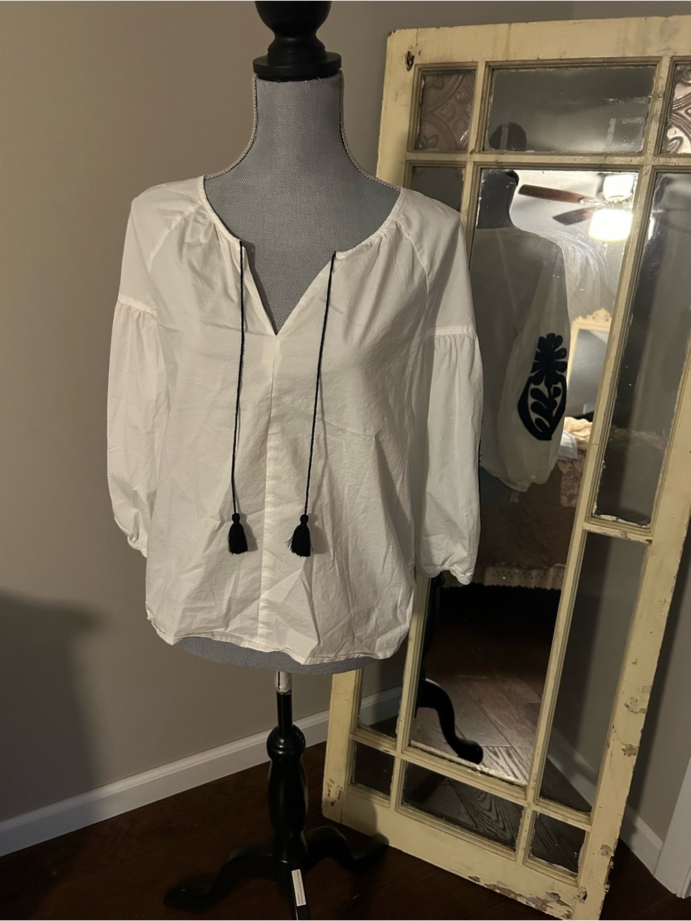 J. Crew White Peasant Tunic with Black Tassel Ties